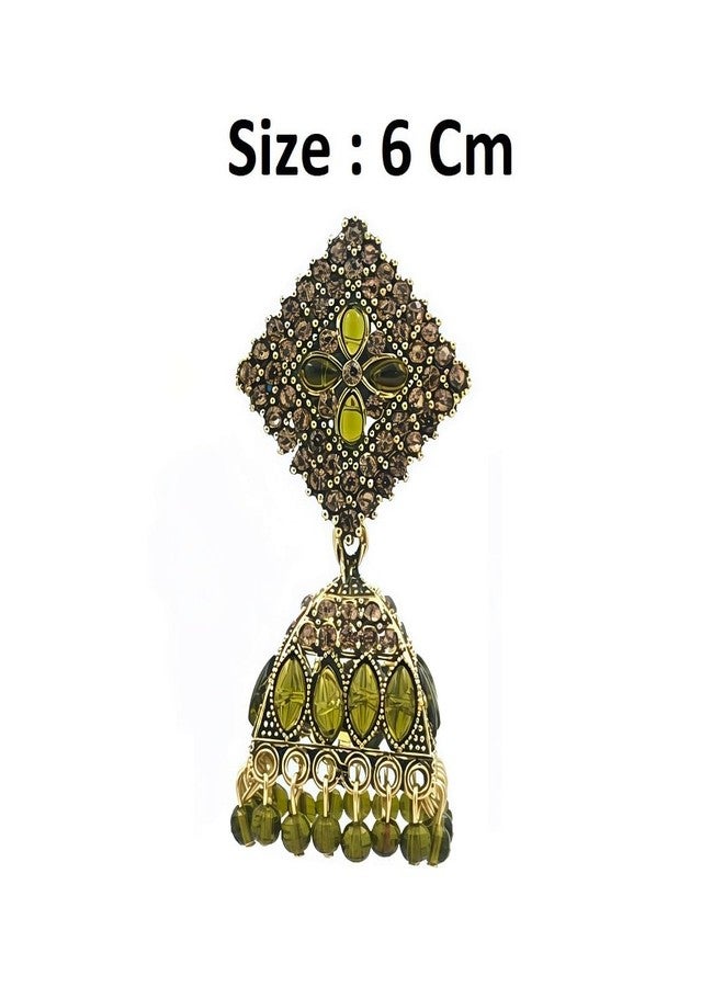 Stylewell Traditional Olive Green Color Jhumka Earrings Set for Women & Girls,antique Gold Plated Ethnic Jewelry,lightweight Oxidized Indian Earrings for Festive & Party - Image 2
