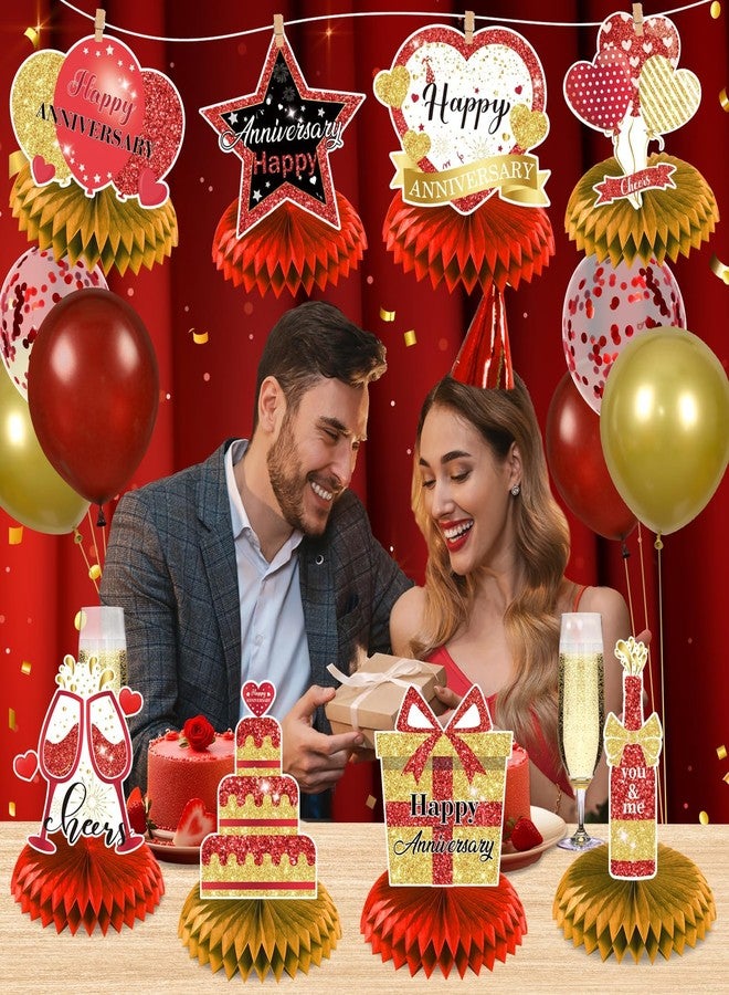 LUUFILx 8Pcs Happy Wedding Anniversary Decorations Red Gold Anniversary Table Honeycomb Centerpiece Anniversary Table Toppers Party Supplies for Adult 10th 20th 30th 40th 50th 60th Anniversary Table Decor - Image 4