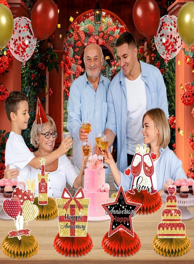 LUUFILx 8Pcs Happy Wedding Anniversary Decorations Red Gold Anniversary Table Honeycomb Centerpiece Anniversary Table Toppers Party Supplies for Adult 10th 20th 30th 40th 50th 60th Anniversary Table Decor - Image 5