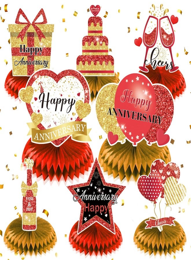 LUUFILx 8Pcs Happy Wedding Anniversary Decorations Red Gold Anniversary Table Honeycomb Centerpiece Anniversary Table Toppers Party Supplies for Adult 10th 20th 30th 40th 50th 60th Anniversary Table Decor - Image 1