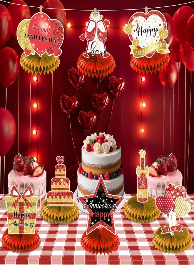 LUUFILx 8Pcs Happy Wedding Anniversary Decorations Red Gold Anniversary Table Honeycomb Centerpiece Anniversary Table Toppers Party Supplies for Adult 10th 20th 30th 40th 50th 60th Anniversary Table Decor - Image 3