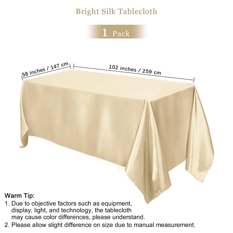 TURSTIN 1 Pack Champagne Satin Tablecloth 102 x 58 Inch Overlay Satin Table Cover Rectangle Bright Silk Tablecloth Smooth Fabric Table Decoration for Wedding Banquet Party Events - Image 2