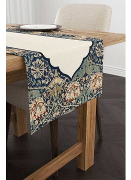 Cango Home Cream Navy Blue Ramadan Themed Floral Patterned Digital Printed Runner CGH1338-RN  - Image 1