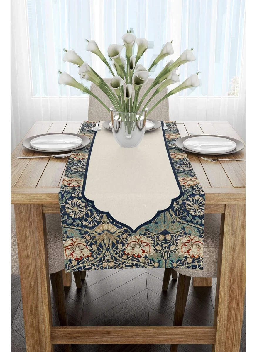 Cango Home Cream Navy Blue Ramadan Themed Floral Patterned Digital Printed Runner CGH1338-RN