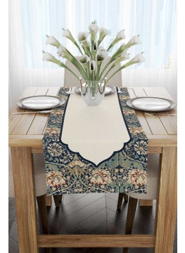 Cango Home Cream Navy Blue Ramadan Themed Floral Patterned Digital Printed Runner CGH1338-RN  - Image 2