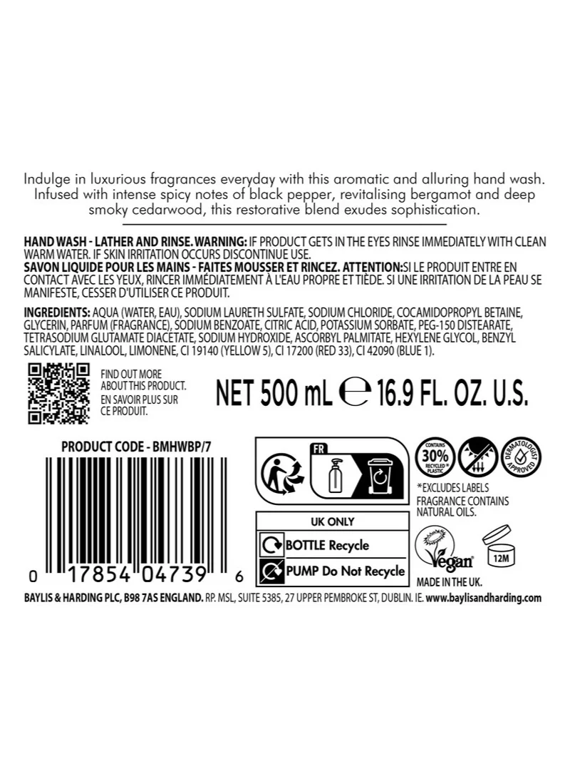 Baylis & Harding  Black Pepper and Ginseng Hand Wash, 500ml | Vitamin Enriched | Musky and Masculine Scent with Bergamot | Long Lasting Fragrance | Paraben Free  | Best Price UAE