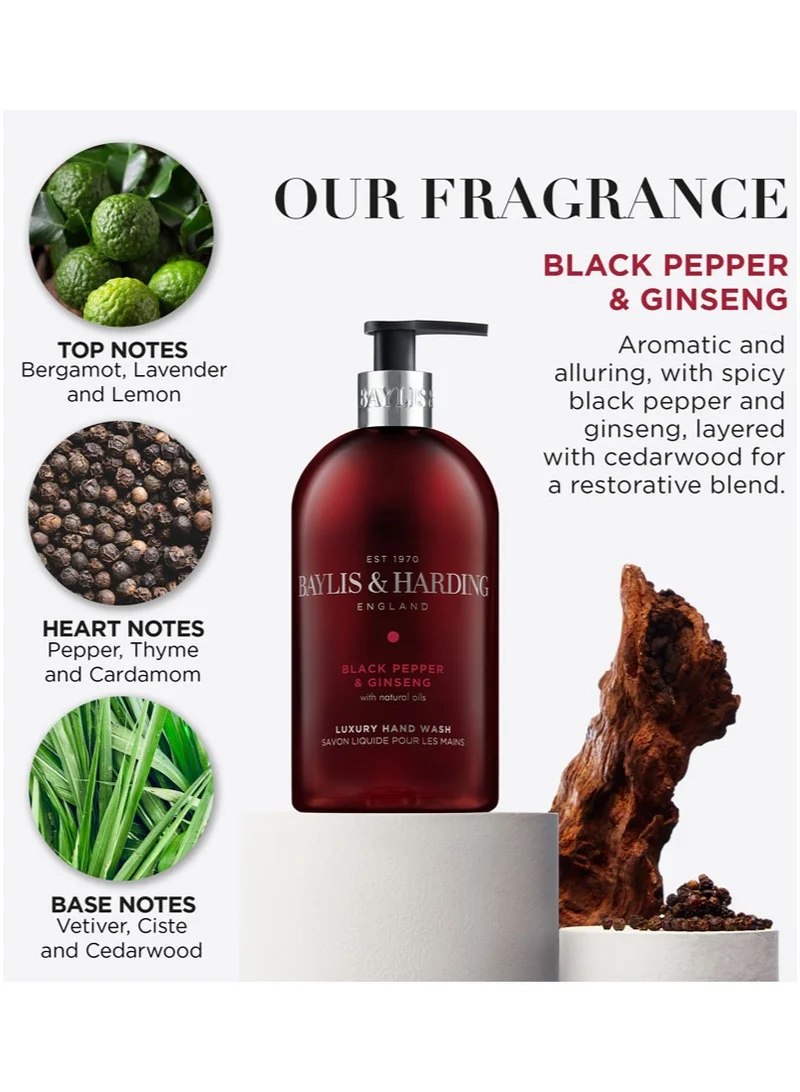 بايليس & هاردينج غسول اليدين بالفلفل الأسود والجينسنغ، ٥٠٠ مل | غني بالفيتامينات | رائحة مسكية رجولية مع البرغموت | عطر يدوم طويلاً | خالٍ من البارابين