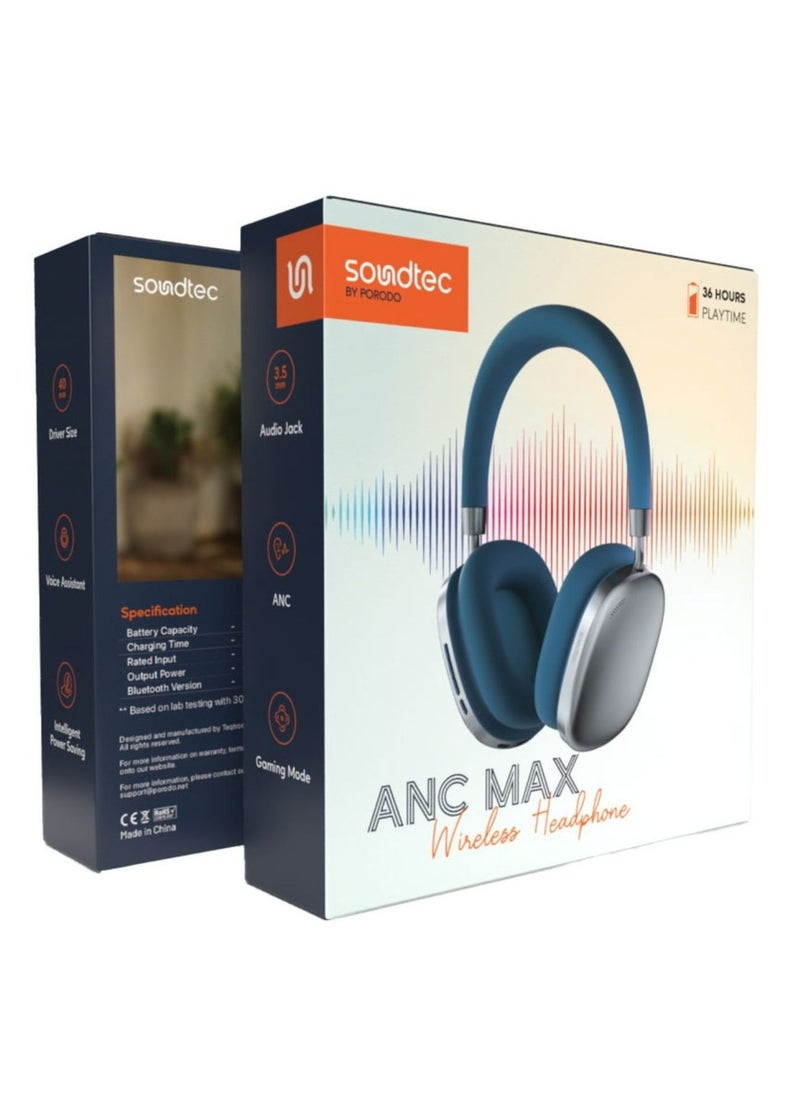 porodo - Soundtec ANC Airpod MAX Wireless Headphones, Voice Assistant, 400mAh Battery Capacity, 2 Hours Charging Time, Up to 51 Hours Working Time, Gaming Mode - Blue - Image 1