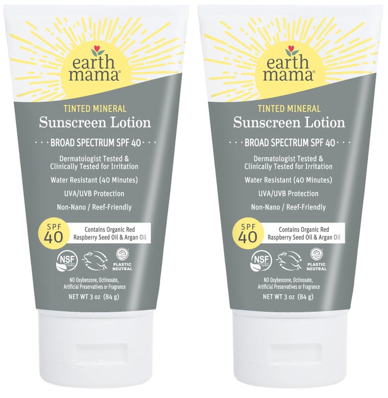 لوشن واقي شمس معدني ملون من إيرث ماما SPF 40 يحتوي على زيت الأركان العضوي وزيت بذور التوت الأحمر 3 أونصات 2 عبوة