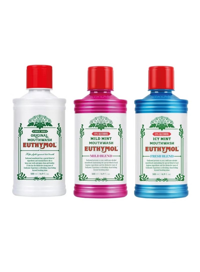 يوثيمول Original Mouthwash 500ml + Euthymol Icy Mint Mouthwash 500ml + Euthymol Mild Mint Mouthwash 500m