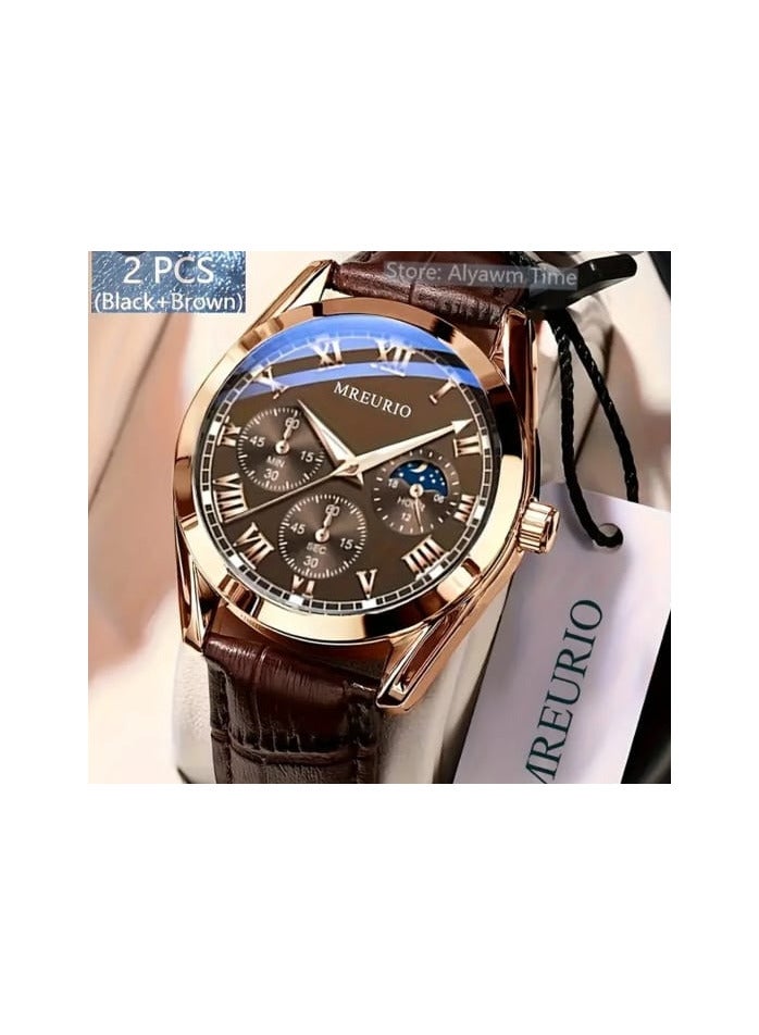 MREURIO A Stylish Two Piece of Set of Trendy Men's Watches Featuring a Starry Sky Design, Faux Leather Strap - Image 3