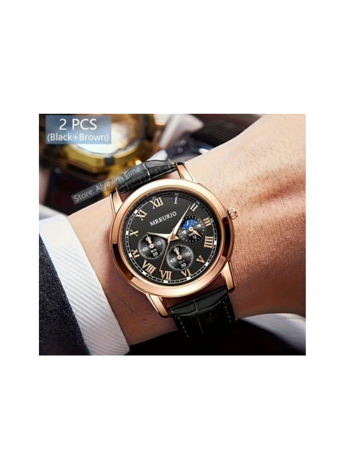 MREURIO A Stylish Two Piece of Set of Trendy Men's Watches Featuring a Starry Sky Design, Faux Leather Strap - Image 2