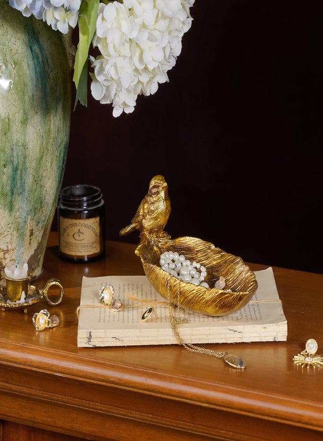 SOFFEE DESIGN Resin Jewelry Tray, Gold Leaf-shaped with Standing Bird, Ring Dish, Decorative Organizer for Entrance Vanity Dresser Bathroom, Bridal Gift Idea - Image 2