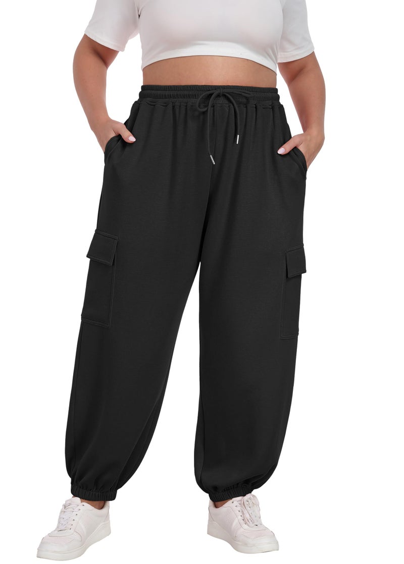 OLRIK Plus Size Teacher Outfits for Women Relaxed-Fit Sweatpants Baggy Cargo Pants with Pockets Black-4X - Image 2