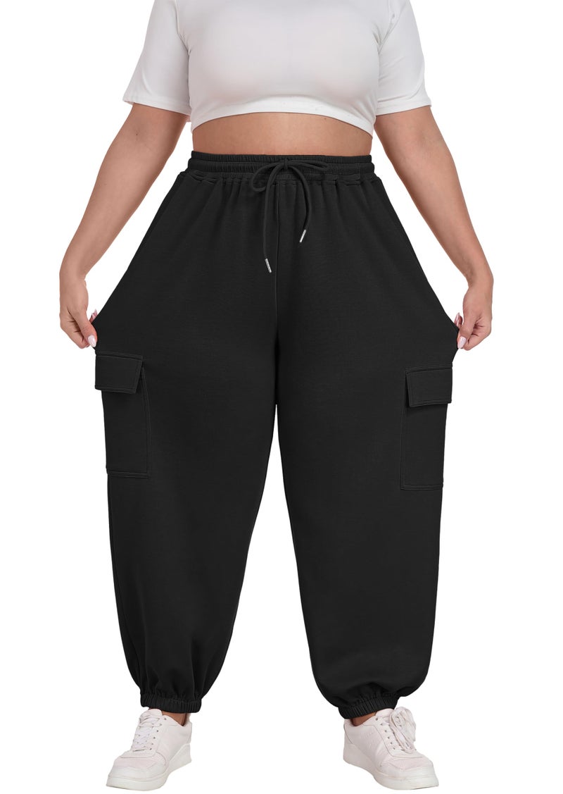 OLRIK Plus Size Teacher Outfits for Women Relaxed-Fit Sweatpants Baggy Cargo Pants with Pockets Black-4X - Image 3