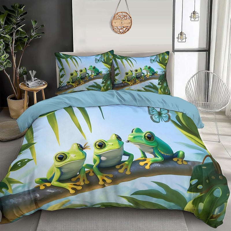 Ultra Soft Tropical Jungle Duvet Cover Queen Size - Cartoon Frog Printed Bedding Set 3 Pieces, Comfy Duvet Cover Set with 2 Pillow Shams, Zipper Closure and 4 Ties, 90 x 90in - Image 2