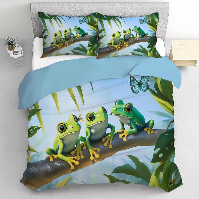 Ultra Soft Tropical Jungle Duvet Cover Queen Size - Cartoon Frog Printed Bedding Set 3 Pieces, Comfy Duvet Cover Set with 2 Pillow Shams, Zipper Closure and 4 Ties, 90 x 90in - Image 3