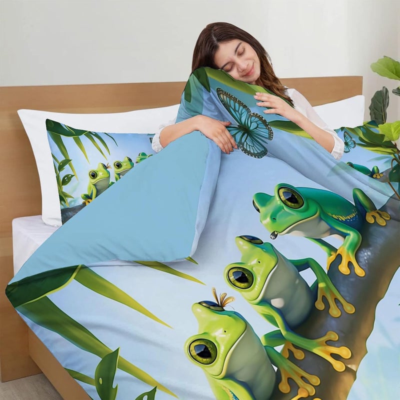 Ultra Soft Tropical Jungle Duvet Cover Queen Size - Cartoon Frog Printed Bedding Set 3 Pieces, Comfy Duvet Cover Set with 2 Pillow Shams, Zipper Closure and 4 Ties, 90 x 90in - Image 4