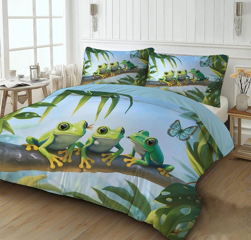 Ultra Soft Tropical Jungle Duvet Cover Queen Size - Cartoon Frog Printed Bedding Set 3 Pieces, Comfy Duvet Cover Set with 2 Pillow Shams, Zipper Closure and 4 Ties, 90 x 90in - Image 1