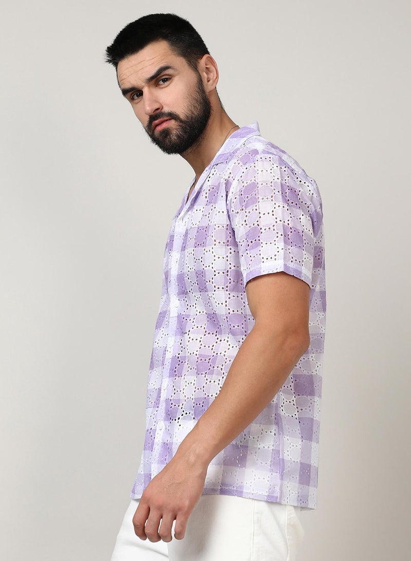 Campus Sutra Campus Sutra Men's Lavender & Chalk White Buffalo Check Shirt For Casual Wear | Spread Collar | Short Sleeve | Button Closure | Shirt Crafted With Comfort Fit For Everyday Wear  - Image 3