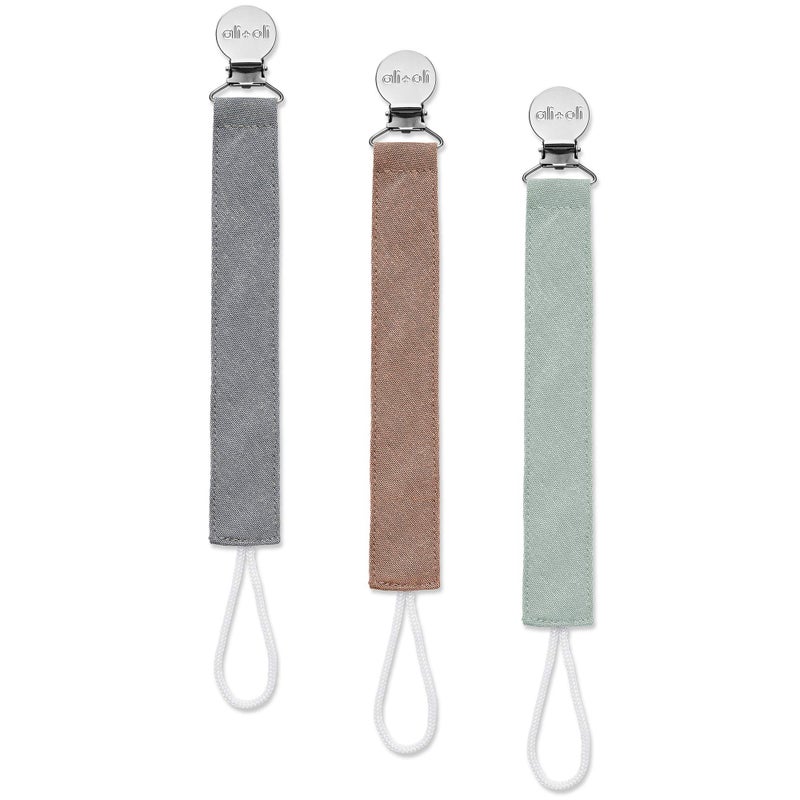 Ali+Oli Linen Strap Pacifier Clip (Forest) Set of 3 (10" x 1") Baby Pacifier Holder for Newborn Pacifiers & Teethers, Binky Clips, Silicone-Free Pacifier Clips - Image 1