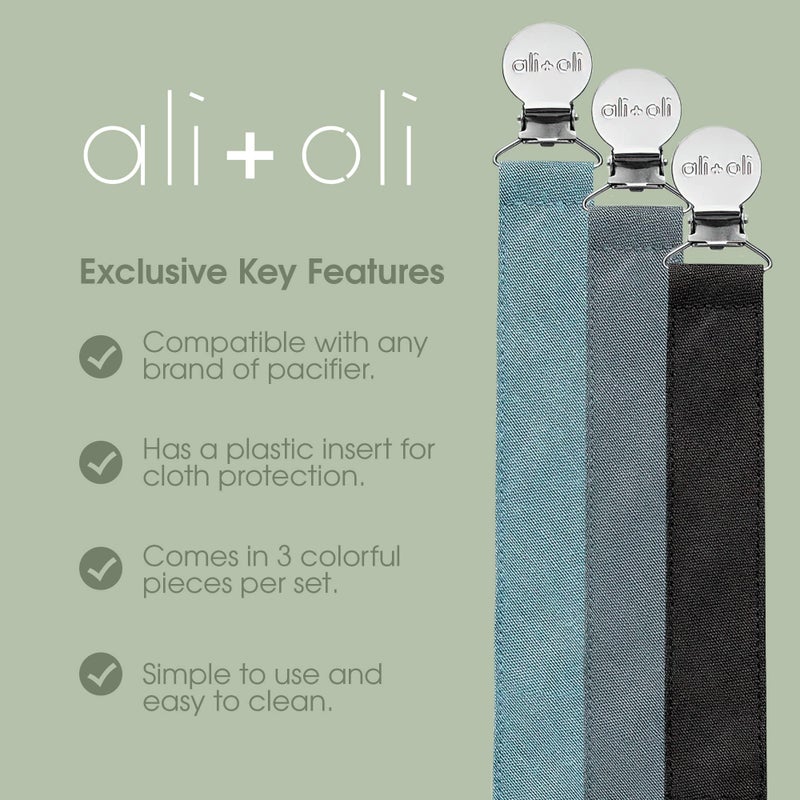 Ali+Oli Linen Strap Pacifier Clip (Forest) Set of 3 (10" x 1") Baby Pacifier Holder for Newborn Pacifiers & Teethers, Binky Clips, Silicone-Free Pacifier Clips - Image 5