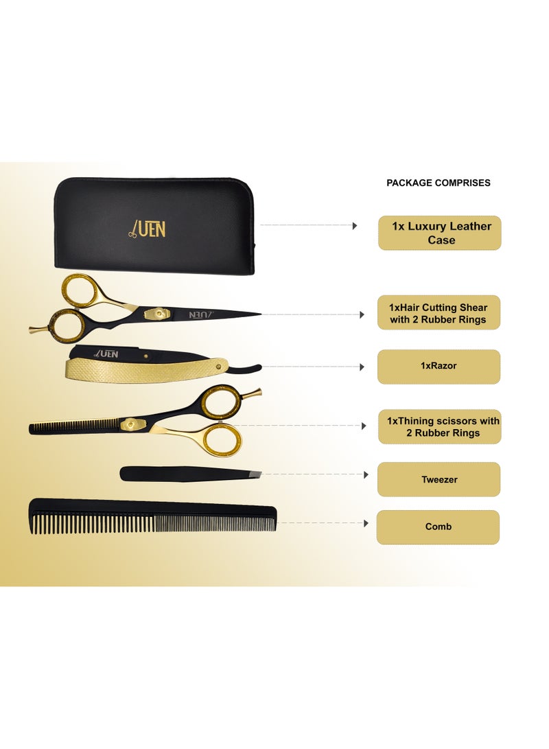 UEN Professional Hair Cutting Scissors Set/Hairdressing kit with Straight and Thinning Shears, Comb, Straight Razor and Tweezers/Japanese Stainless Steel/For Men, Women, Kids, Barber, Salon, Home  - Image 2