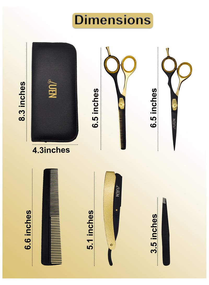 UEN Professional Hair Cutting Scissors Set/Hairdressing kit with Straight and Thinning Shears, Comb, Straight Razor and Tweezers/Japanese Stainless Steel/For Men, Women, Kids, Barber, Salon, Home  - Image 3