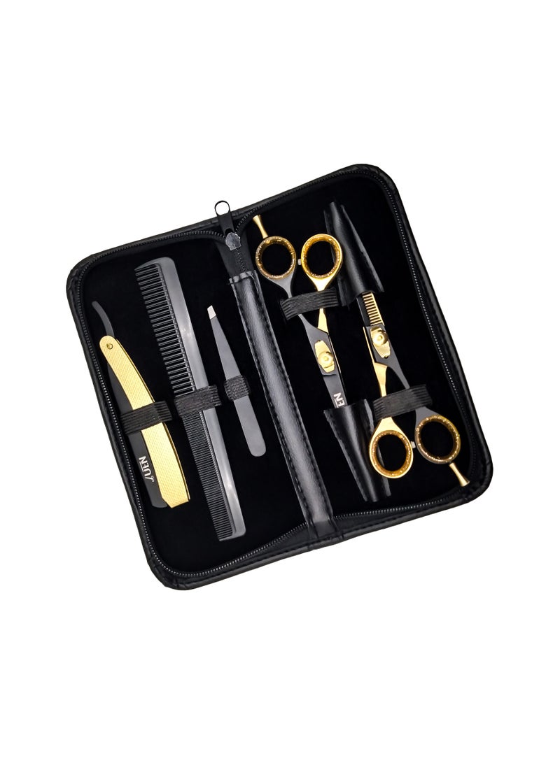 UEN Professional Hair Cutting Scissors Set/Hairdressing kit with Straight and Thinning Shears, Comb, Straight Razor and Tweezers/Japanese Stainless Steel/For Men, Women, Kids, Barber, Salon, Home  - Image 1