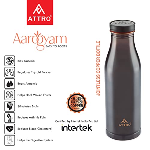Attro Aarogyam 1000ml Sparsh Vintage Matte Finish Copper Water Bottle, Standard - Image 2