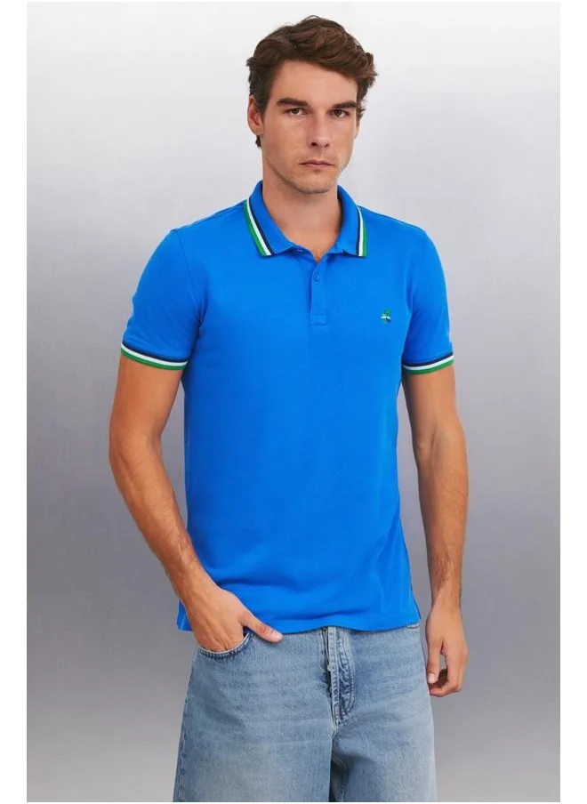 جريميلانج Grimelange Xander Men's Sax Blue Polo Neck T-Shirt
