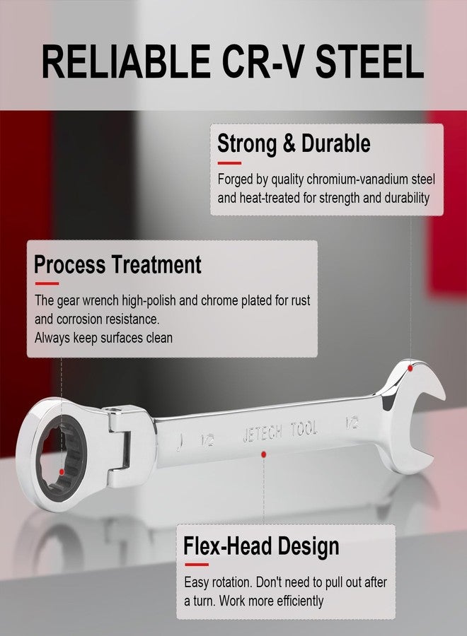 Jetech 1/2 Inch Flexible Head Gear Wrench, Industrial Grade Ratcheting Combination Spanner, Forged, Heat-Treated Cr-V Alloy Steel, Full Polished 12 Point, SAE - Image 3