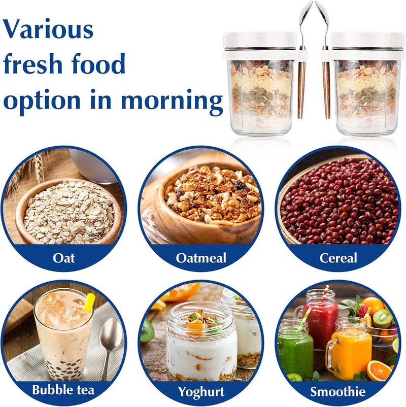 ARUZEN Overnight Oats Containers with Lids and Spoons, 16 oz Glass Mason Overnight Oats Jars, Large Capacity Airtight Jars for Milk, Cereal, Fruit PACK OF (1) multi colour - Image 3