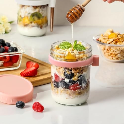 ARUZEN Overnight Oats Containers with Lids and Spoons, 16 oz Glass Mason Overnight Oats Jars, Large Capacity Airtight Jars for Milk, Cereal, Fruit PACK OF (1) multi colour - Image 5