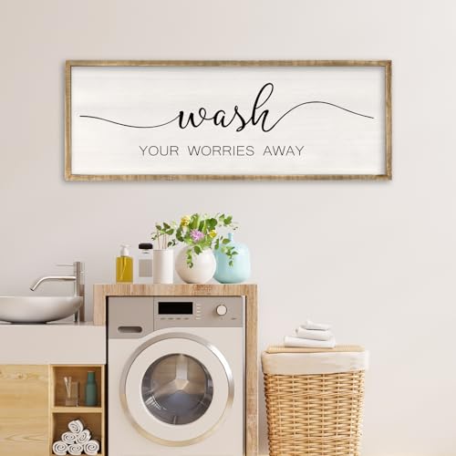 RLWangChao Wash Your Worries Away Sign Bathroom Wall Art Decor 32x12 Inch Wooden Framed Large Modren Farmhouse Laundry Room Shower Room above the Bathtub Wall Hanging Wood - Image 1