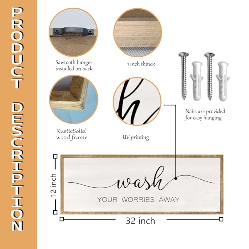 RLWangChao Wash Your Worries Away Sign Bathroom Wall Art Decor 32x12 Inch Wooden Framed Large Modren Farmhouse Laundry Room Shower Room above the Bathtub Wall Hanging Wood - Image 3