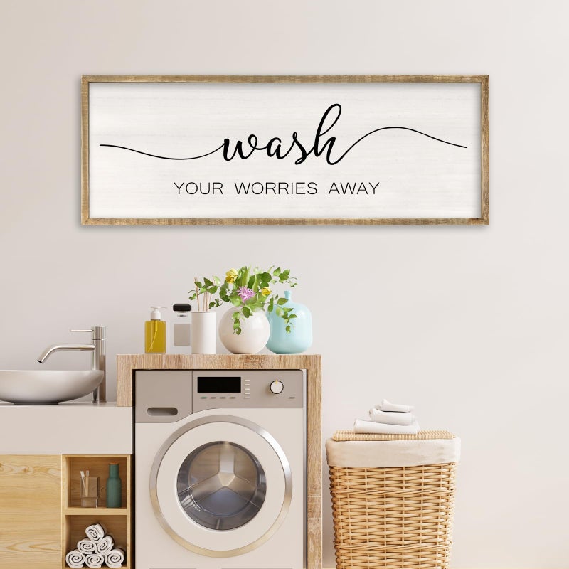 RLWangChao Wash Your Worries Away Sign Bathroom Wall Art Decor 32x12 Inch Wooden Framed Large Modren Farmhouse Laundry Room Shower Room above the Bathtub Wall Hanging Wood - Image 2