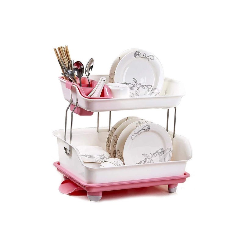 Vruta 3 in 1 Large Sink Set Dish Rack Drainer Drying Rack Washing Basket with Tray for, Dish Rack Organizers, Utensils Tools Cutlery Plastic Rack (Pink, 2 Layer Big Dish Drying Rack) - Image 1