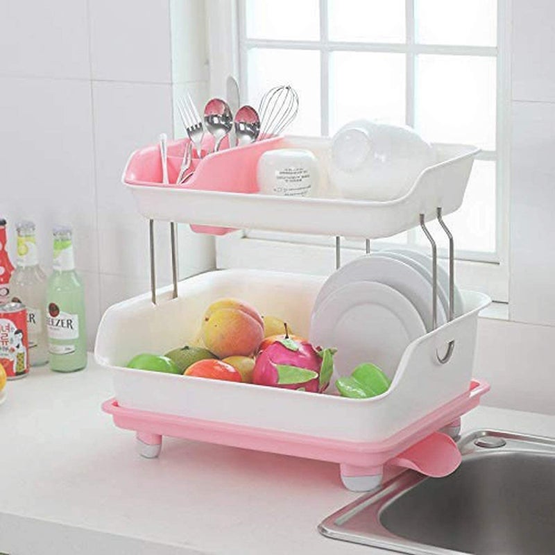 Vruta 3 in 1 Large Sink Set Dish Rack Drainer Drying Rack Washing Basket with Tray for, Dish Rack Organizers, Utensils Tools Cutlery Plastic Rack (Pink, 2 Layer Big Dish Drying Rack) - Image 2