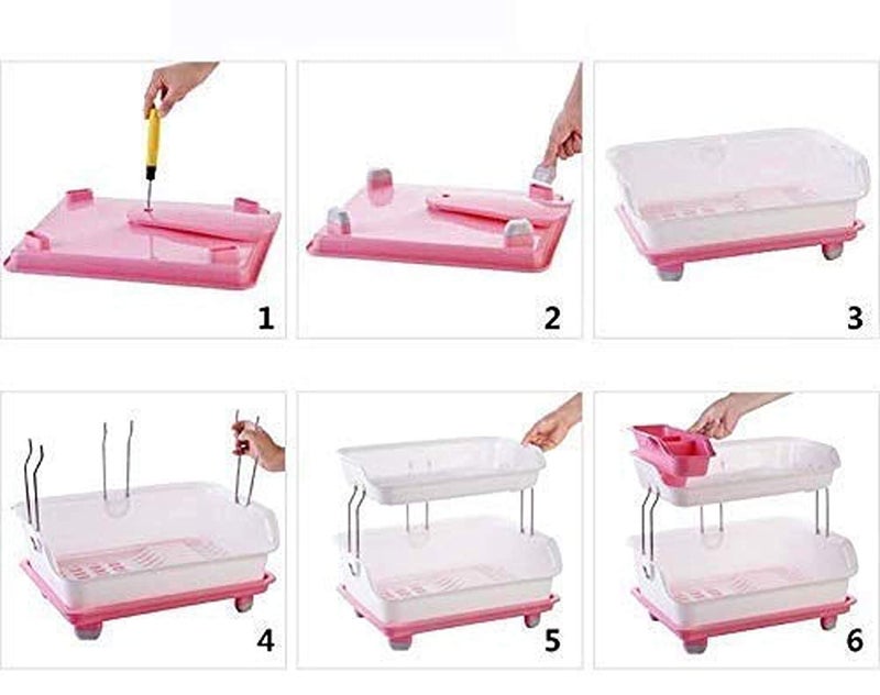 Vruta 3 in 1 Large Sink Set Dish Rack Drainer Drying Rack Washing Basket with Tray for, Dish Rack Organizers, Utensils Tools Cutlery Plastic Rack (Pink, 2 Layer Big Dish Drying Rack) - Image 4