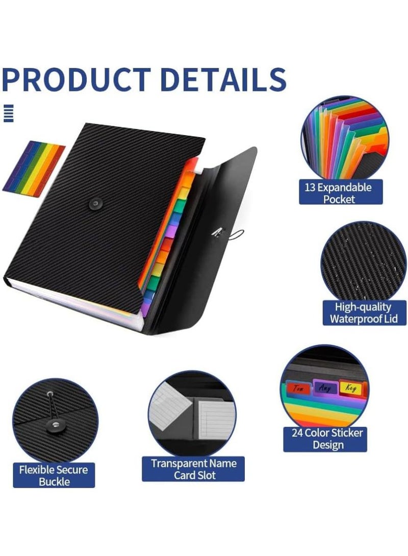  طائرة ورقية مجلد قابل للتوسيع لإدارة الملفات، مجلد من الأورجانزا مكون من 13 حجرة مع علامات تبويب وإغلاق مطاطي - جيب ملف A4، مناسب للمنزل والمدرسة والمكتب والسفر (1 × أسود/لون) - Image 2