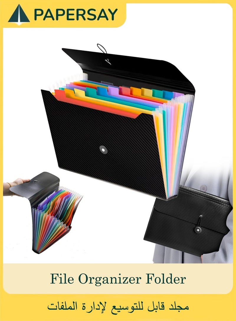  طائرة ورقية مجلد قابل للتوسيع لإدارة الملفات، مجلد من الأورجانزا مكون من 13 حجرة مع علامات تبويب وإغلاق مطاطي - جيب ملف A4، مناسب للمنزل والمدرسة والمكتب والسفر (1 × أسود/لون) - Image 1