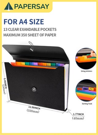 A4 Expanding File Folder, 13-Pocket Accordion Organizer with Tabs & Elastic Closure – Portable Document Holder for Home, School, Office & Travel (Black/Multi-Color) - view 2