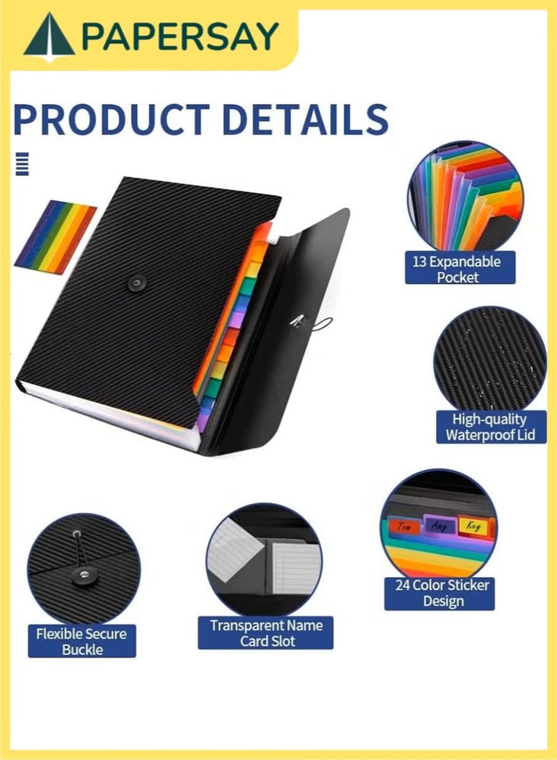 مجلد ملفات A4 قابل للتمدد، منظم أكورديون بـ 13 جيب مع ألسنة تنظيم وإغلاق مرن – حامل وثائق محمول للمنزل والمدرسة والمكتب والسفر (أسود/متعدد الألوان) - view 3