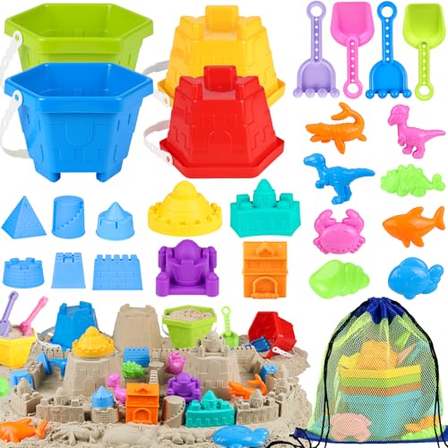 HUUIDY Beach Toys for Kids Sand Toys with 4 Sand Buckets and Shovels for Kids Sand Castle Building Kit with Mesh Bag Molds Travel Beach Essentials Sandbox Toys for Toddlers Boys Girls Age 412 - Image 1