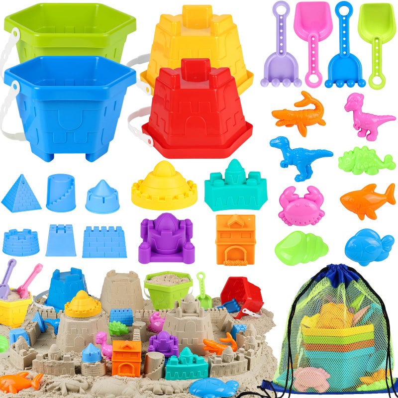 HUUIDY Beach Toys for Kids Sand Toys with 4 Sand Buckets and Shovels for Kids Sand Castle Building Kit with Mesh Bag Molds Travel Beach Essentials Sandbox Toys for Toddlers Boys Girls Age 412 - Image 2
