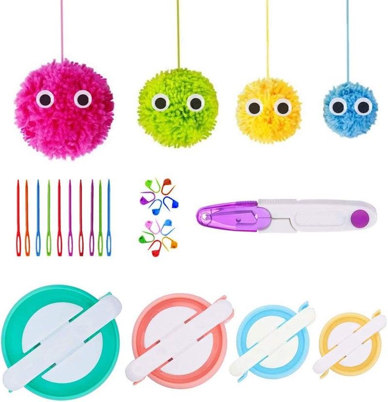 RRigo Pom Pom Maker, 4 Sizes Pompom Maker Tool Set for Fluff Ball Weave DIY Wool Yarn Knitting Craft Project for Knitting Lover +10PS Knitting Stitch Markers+10PS Plastic Needles+1PS Scissors - Image 1