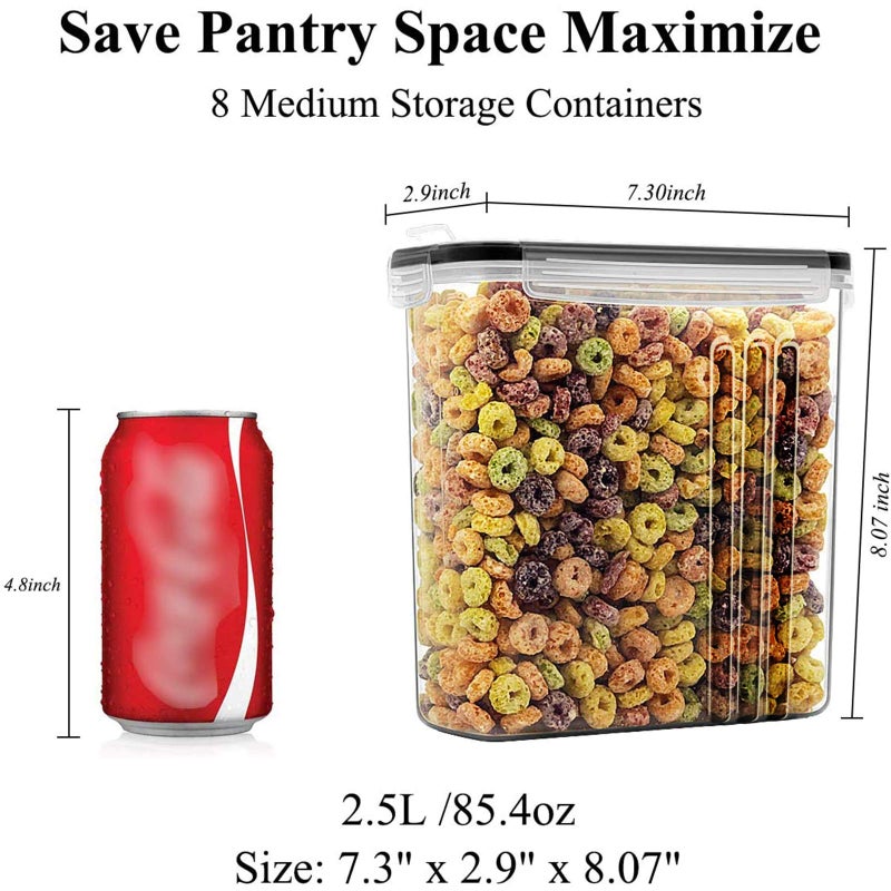 Wildone Cereal & Dry Food Storage Containers, Airtight Cereal Storage Containers Set of 8 [2.5L / 85.4oz] for Sugar, Flour, Snack, Baking Supplies, Leak-proof with Black Locking Lids - Image 3