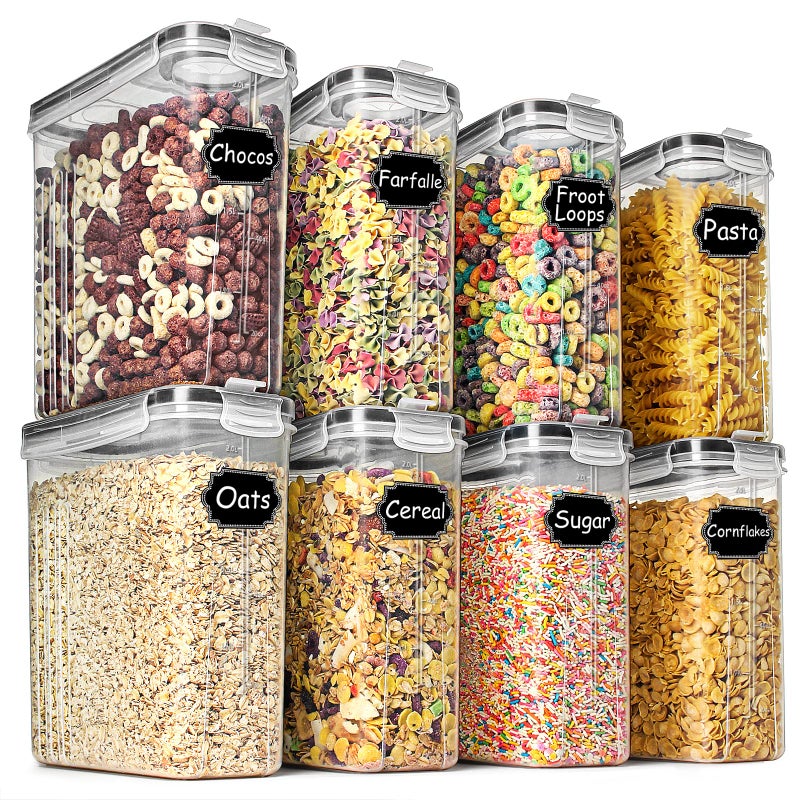 Wildone Cereal & Dry Food Storage Containers, Airtight Cereal Storage Containers Set of 8 [2.5L / 85.4oz] for Sugar, Flour, Snack, Baking Supplies, Leak-proof with Black Locking Lids - Image 1