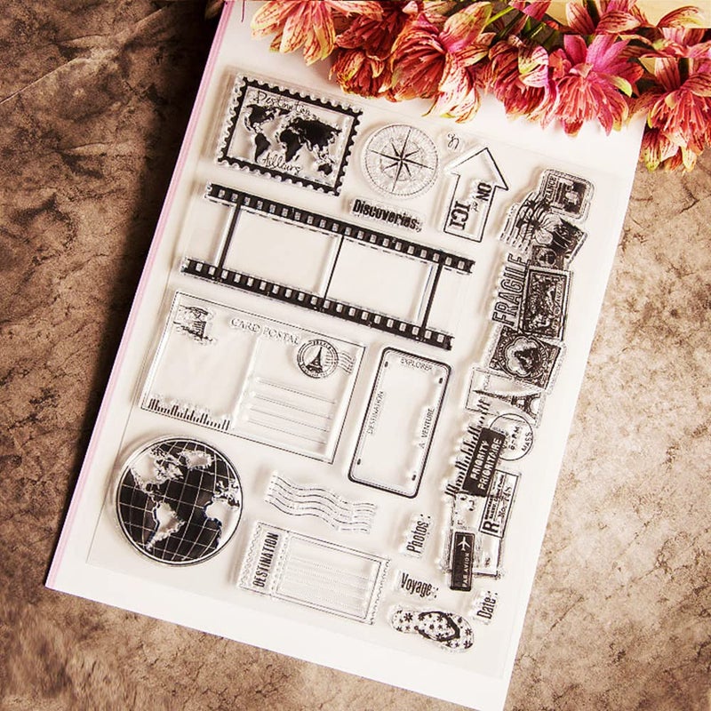 Travel Postage Clear Stamps Silicone Stamp Cards with Sentiments Journey Road Signs Transparent Seal Stamps for Holiday Card Making Decoration and DIY Scrapbooking Album DIY Crafts